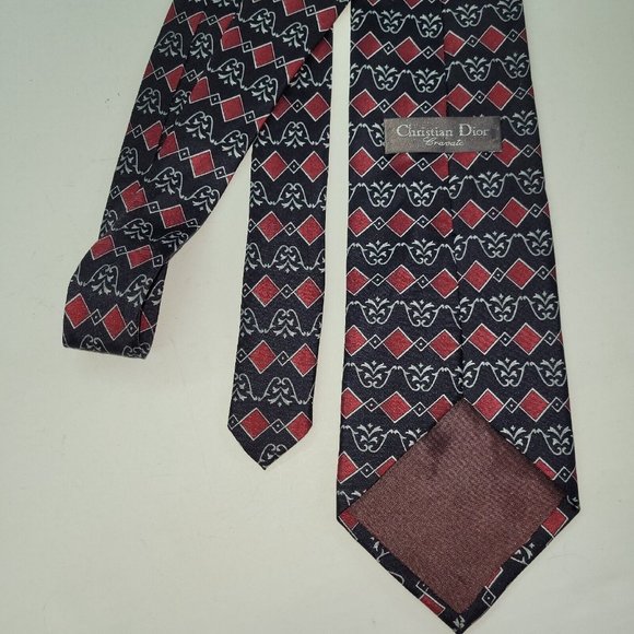 Christian Dior Cravate Tie Mens Silk Handmade Black/Red Print Preppy Business - Picture 3 of 8